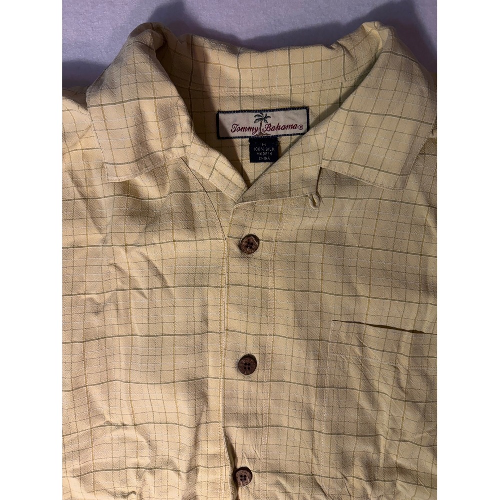 Tommy Bahama Mens 100% Silk Short Sleeve Button Down Shirt Yellow Grid Check M